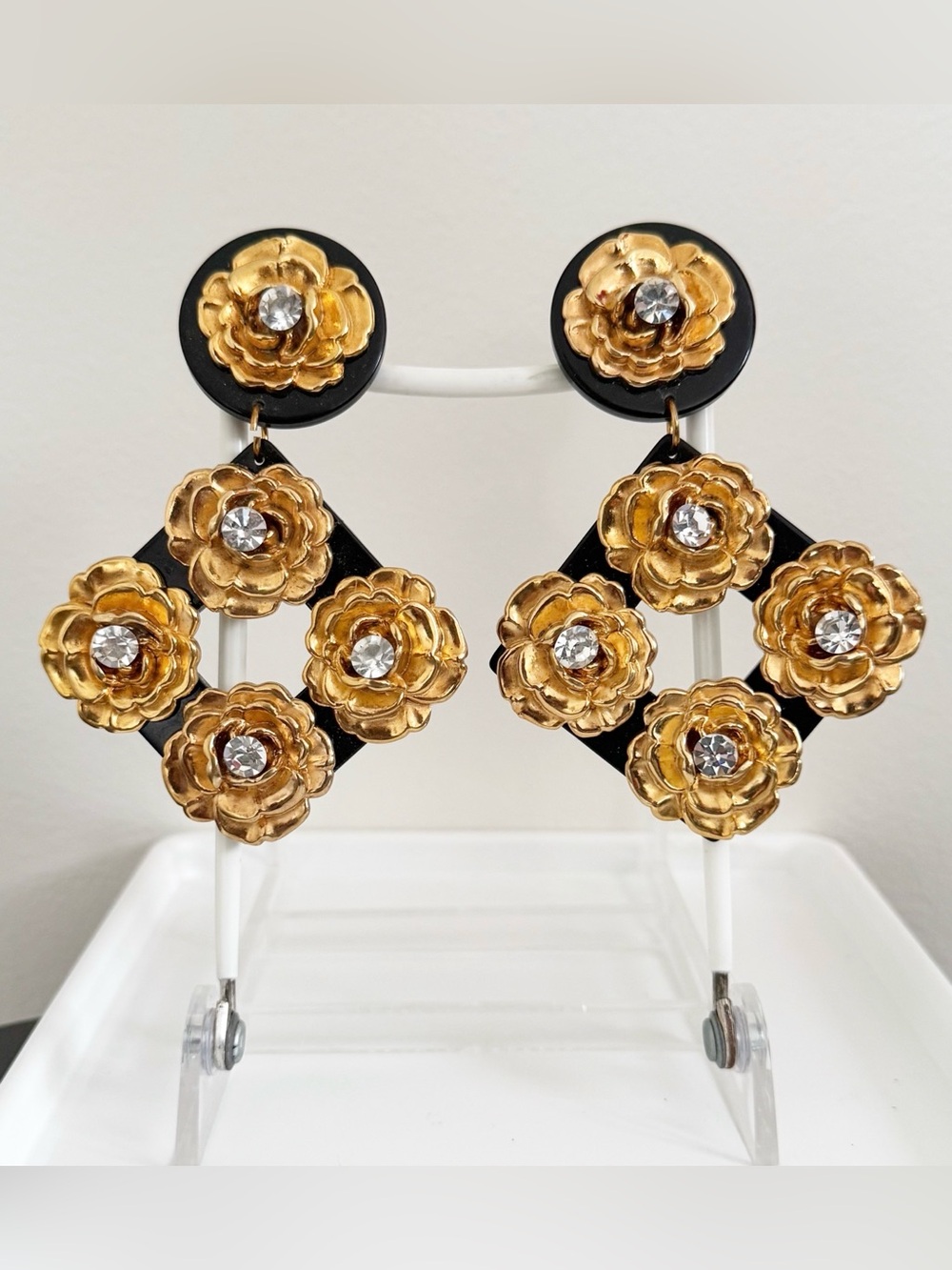 Unique Vintage Designer Runway Black Gold Flower Crystal Drop Dangle Earrings